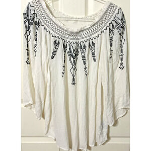 Terre Bleue Women Size XL Embroidered Top White With Black Stitches Peasant Boho